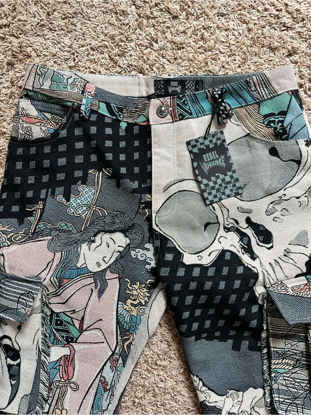 Rebel Vengeance Japanese Samurai and skull tapestry cargo pants